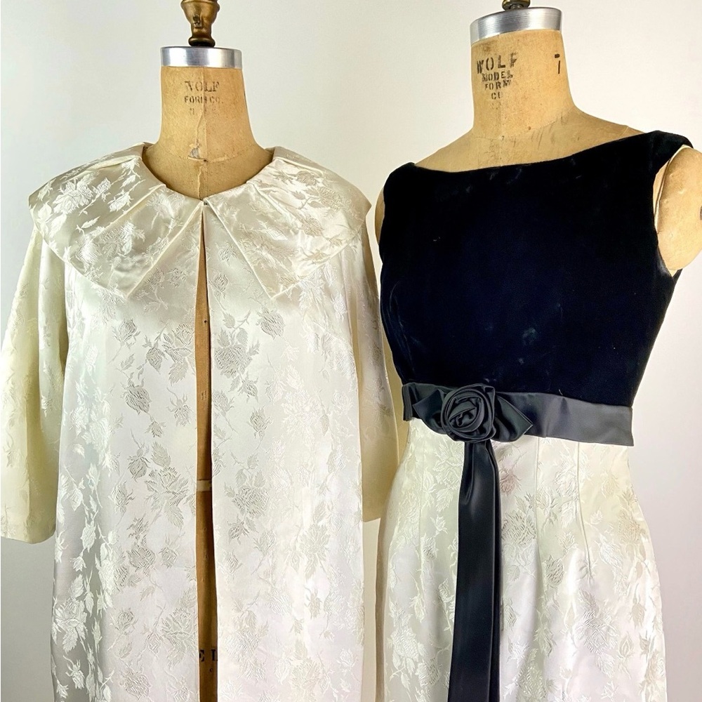 Vintage 1950s Black & Ivory Dress with Matching Satin Coat